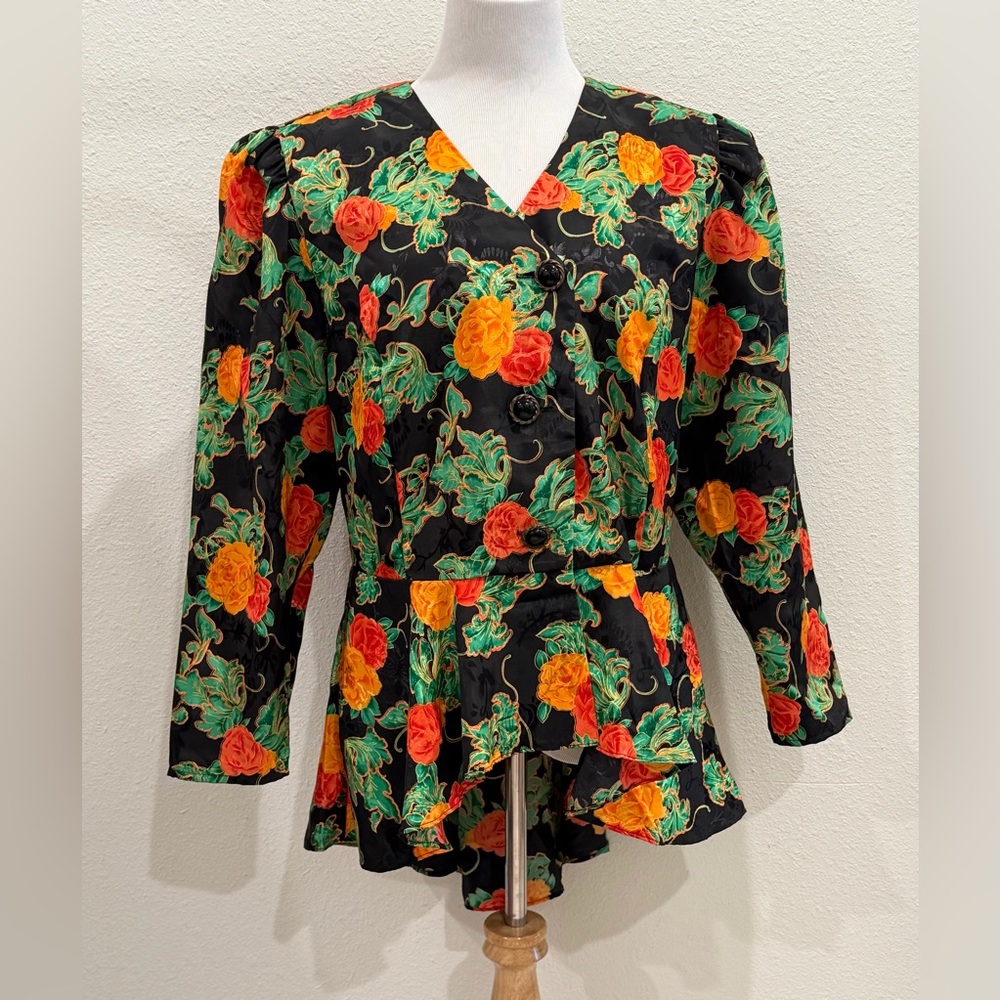Vintage D.L. Originals Floral Peplum Blouse Button Front Large Blazer Top Bow